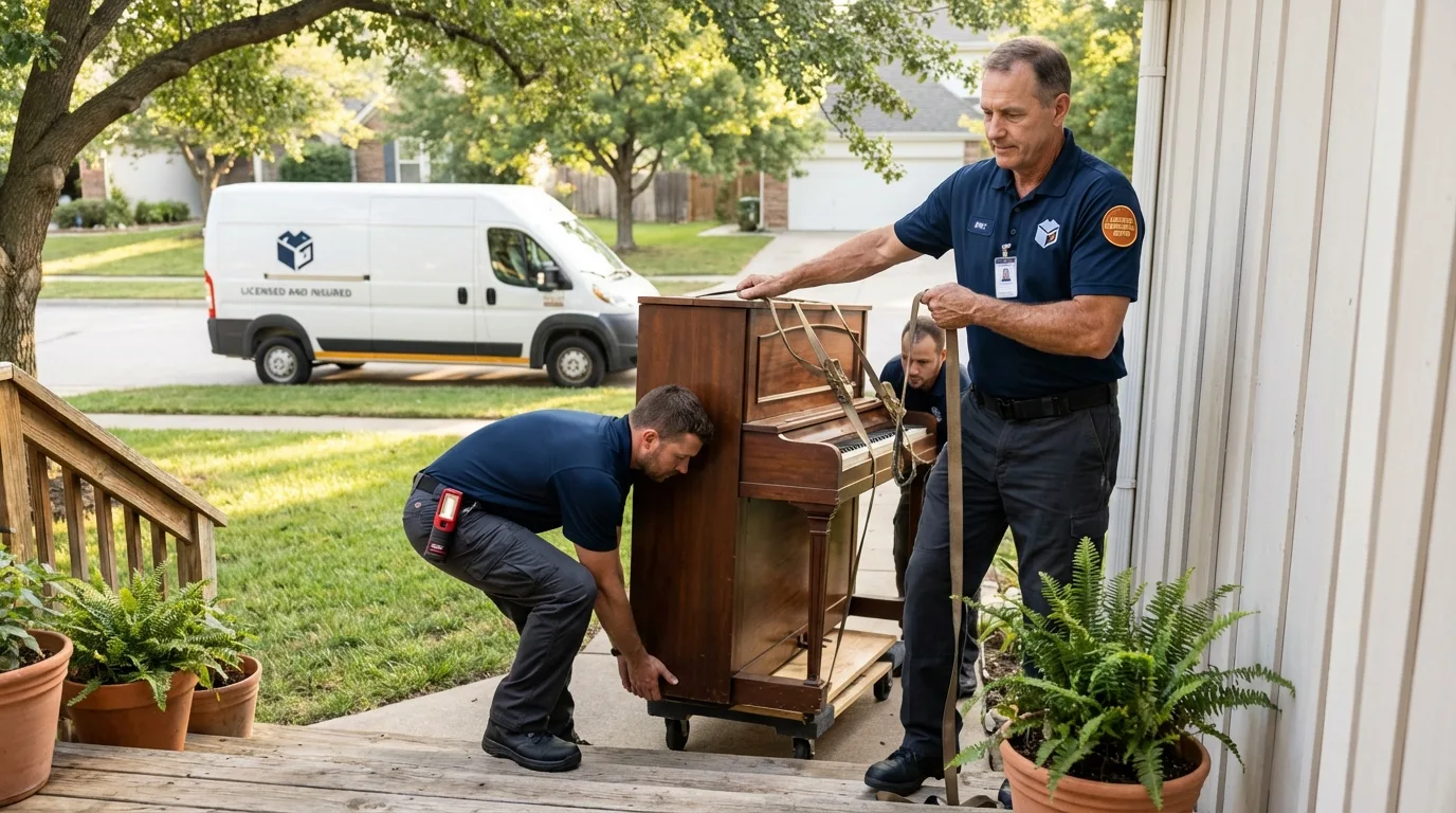 Licensed piano movers securing grand piano in Colwich, KS
