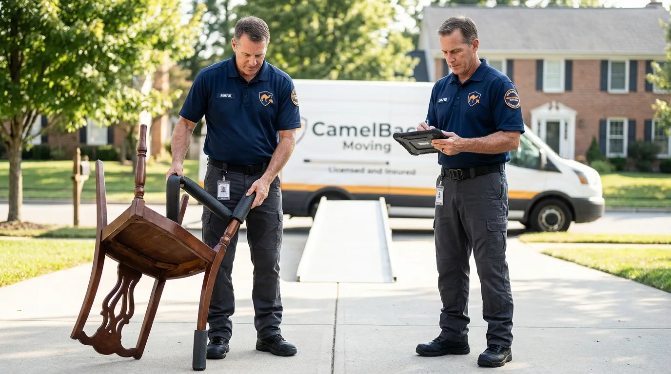 Movers inspecting furniture for damage prevention before loading in Colwich, KS