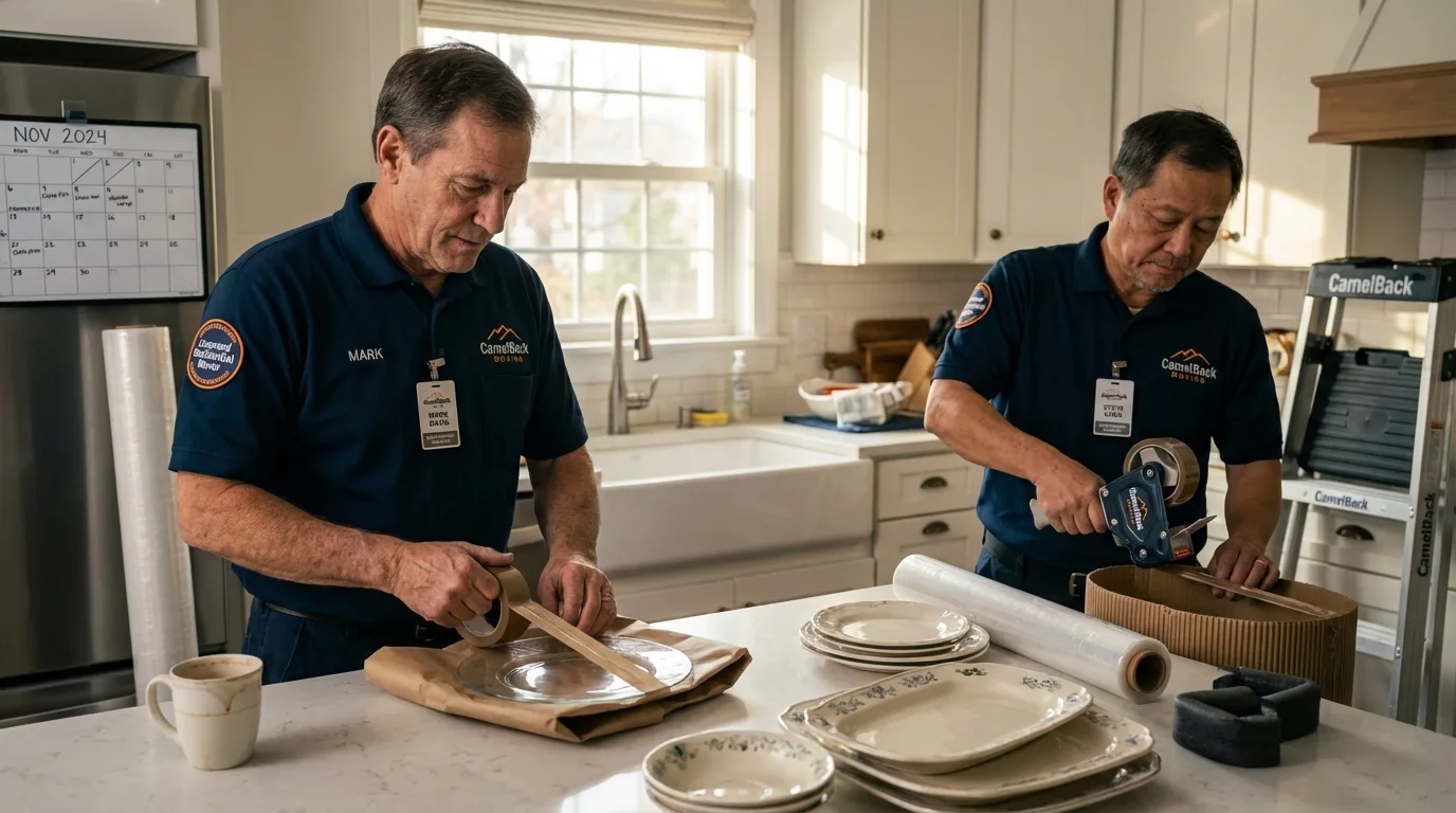 Professional crew packing kitchen dishware in Colwich, KS